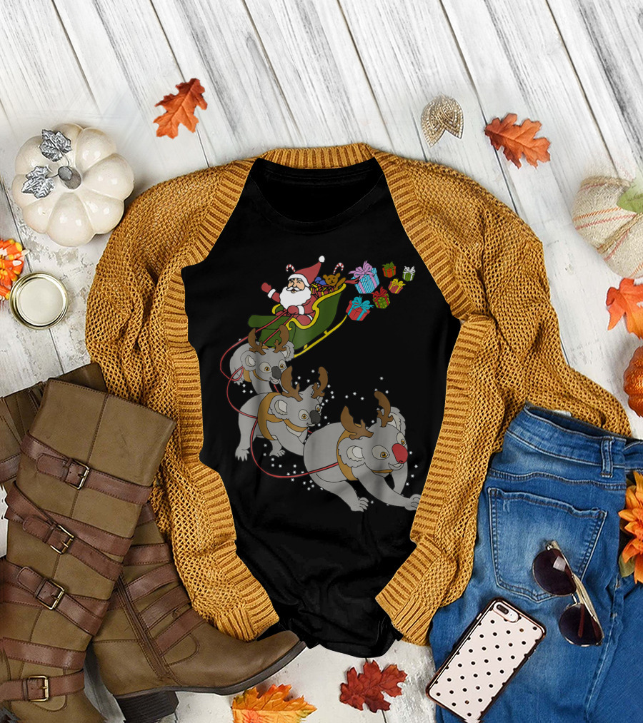 Santa Sleigh with Reindeer Koalas and Christmas Gifts T-Shirt