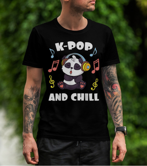 Kpop And Chill Panda Headphones Music Notes T-Shirt
