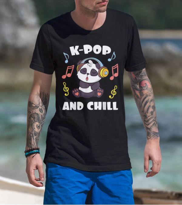 Kpop And Chill Panda Headphones Music Notes T-Shirt