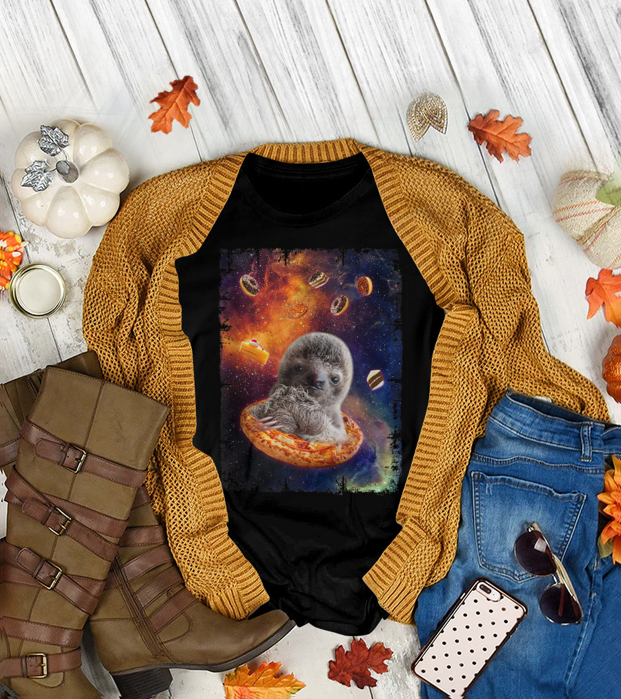 Lazy Sloth Bear Floating on Pizza in Space with Donuts and Cake T-Shirt