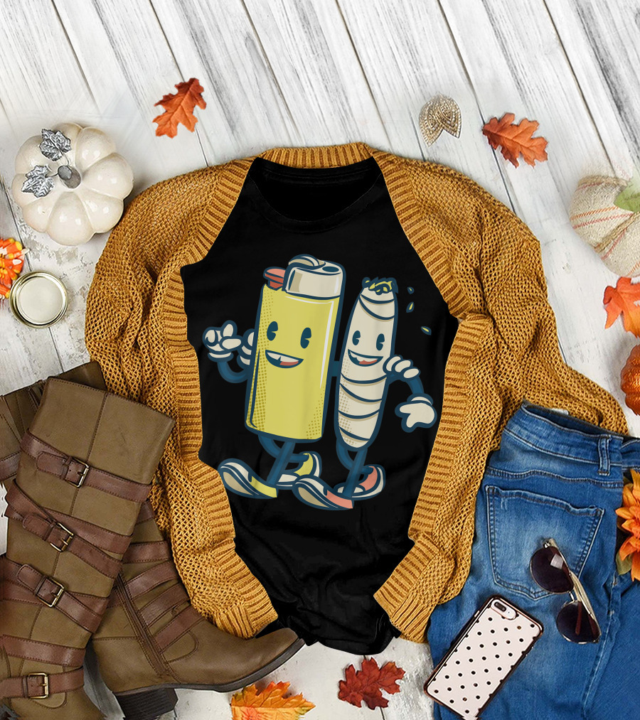 Lighter Joint Friends 420 Smoking Weed Cannabis Marijuana Cartoon Character Duo T-Shirt