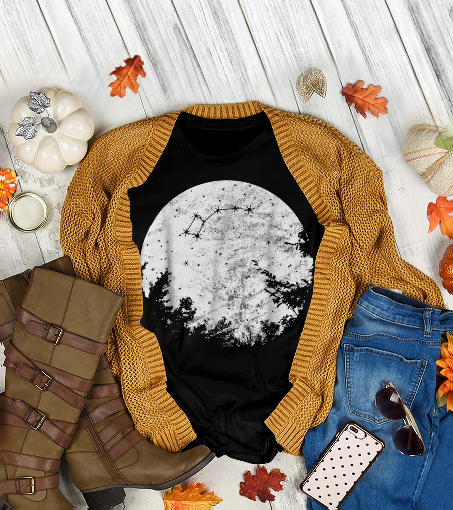 Little Bear Dipper Star Constellation with Trees and Moonlit Galaxy T-Shirt