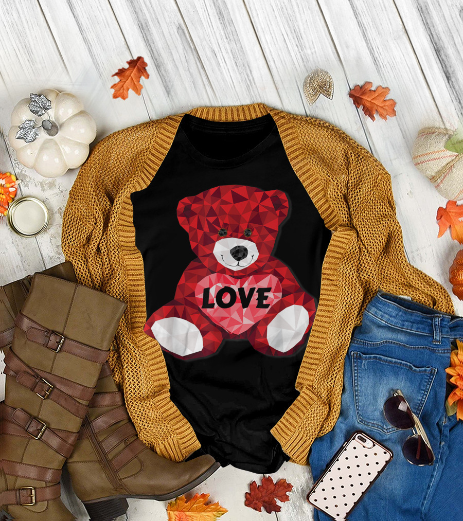 LOVE Heart Vday Valentines Teddy Bear Red Mosaic T-Shirt