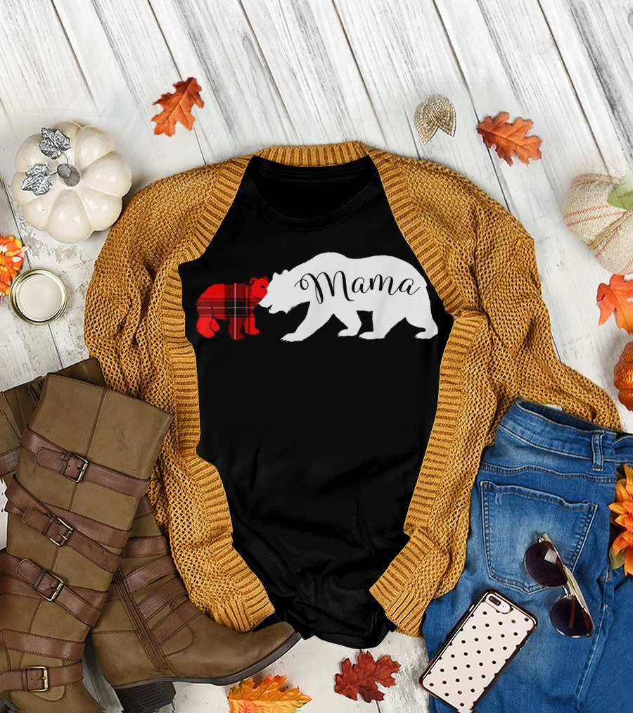Mama Bear White Silhouette with Red Plaid Cub T-Shirt
