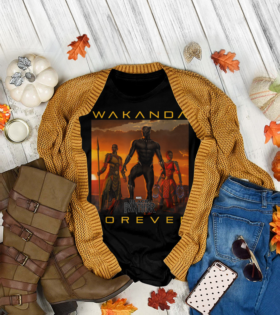 Marvel Black Panther Wakanda Forever Sunset Scene with Warriors T-Shirt