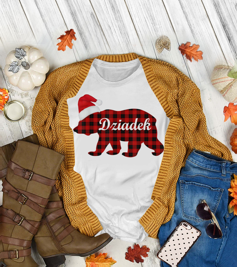 Dziadek Christmas Plaid Bear with Santa Hat T-Shirt