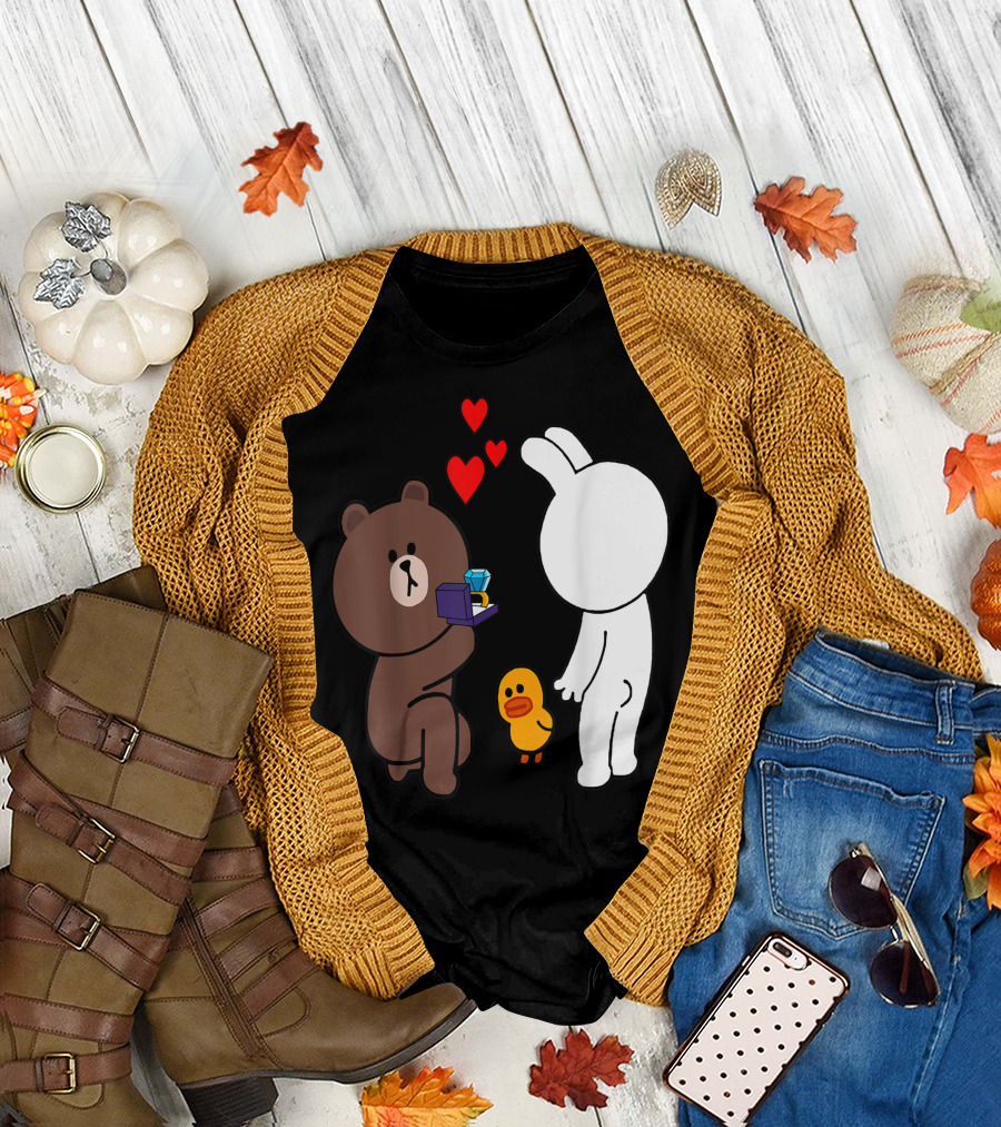 Brown Bear Cony Bunny Rabbit Engagement Ring Proposal with Hearts and Duck T-Shirt
