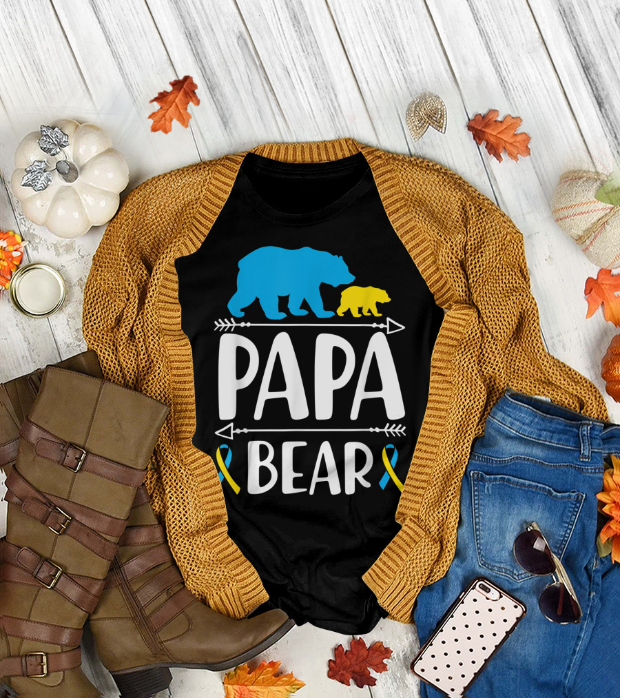 Papa Bear Down Syndrome Awareness Proud Dad Blue Yellow Ribbons T-Shirt