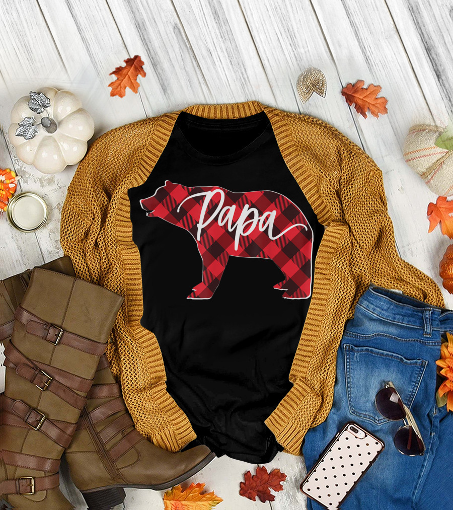 Mens Buffalo Plaid Papa Bear Red T-Shirt