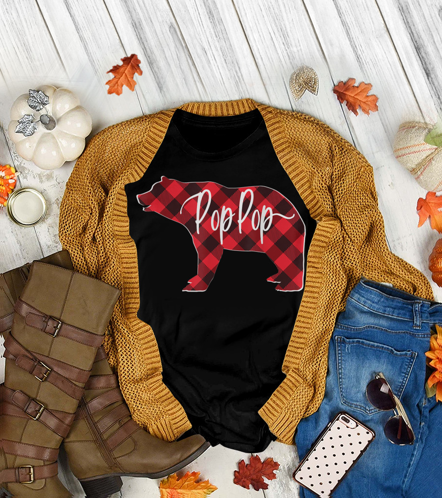 Pop Pop Bear Mens Red Buffalo Plaid T-Shirt