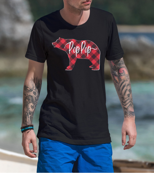 Pop Pop Bear Mens Red Buffalo Plaid T-Shirt