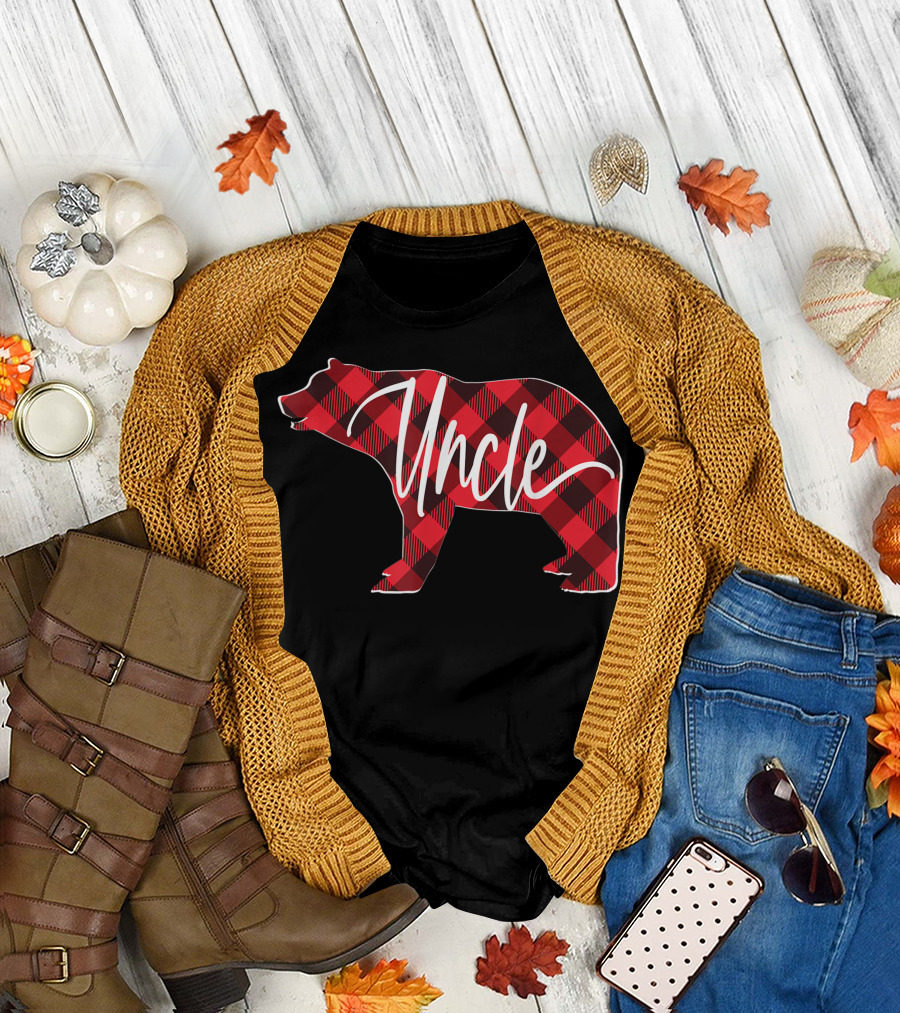 Mens Uncle Buffalo Plaid Bear Red T-Shirt