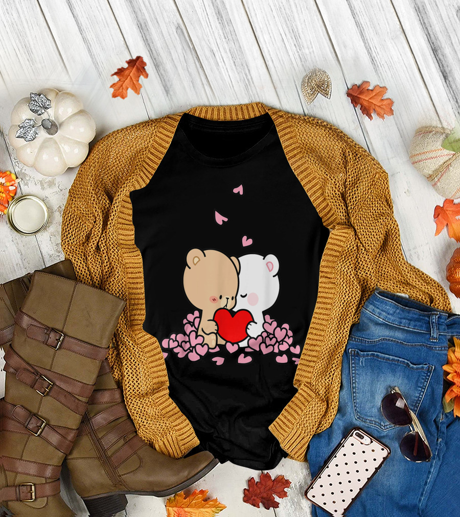 Milk Mocha Bear Hugs Kisses Falling In Love Valentines Heart T-Shirt