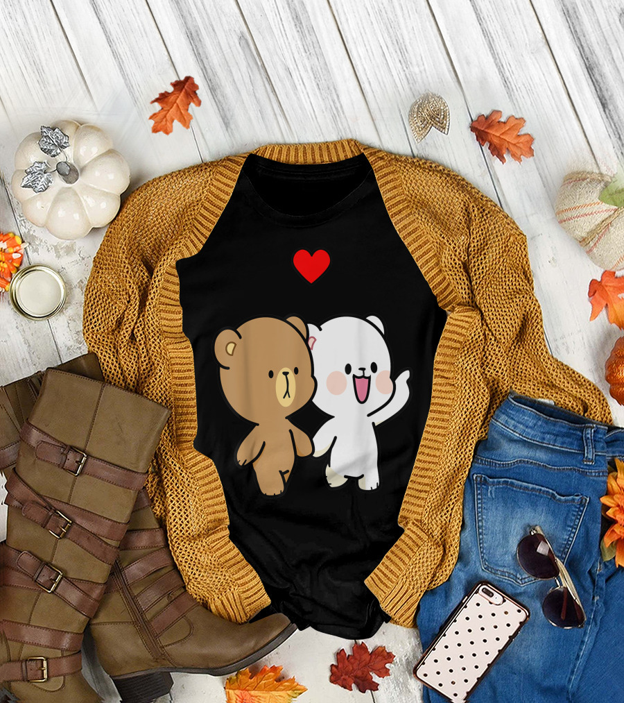 Milk Mocha Bear Walking In Love Valentines Heart Duo T-Shirt