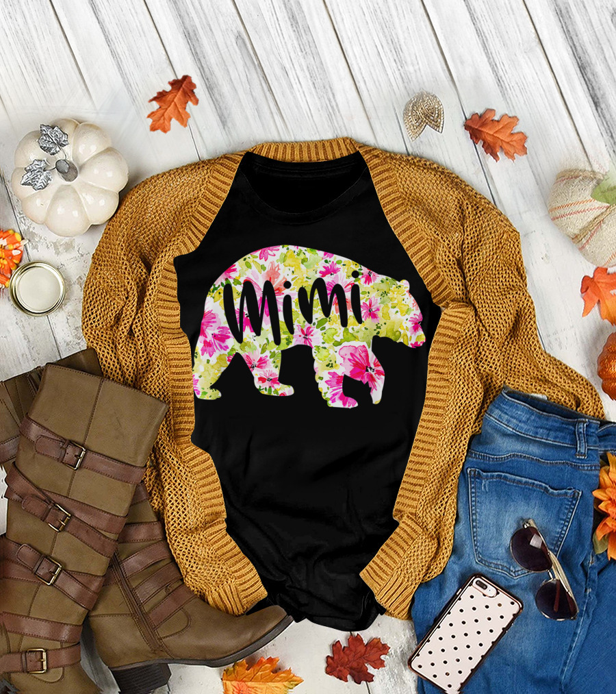 Mimi Bear Floral Grandma Christmas Grandkid T-Shirt
