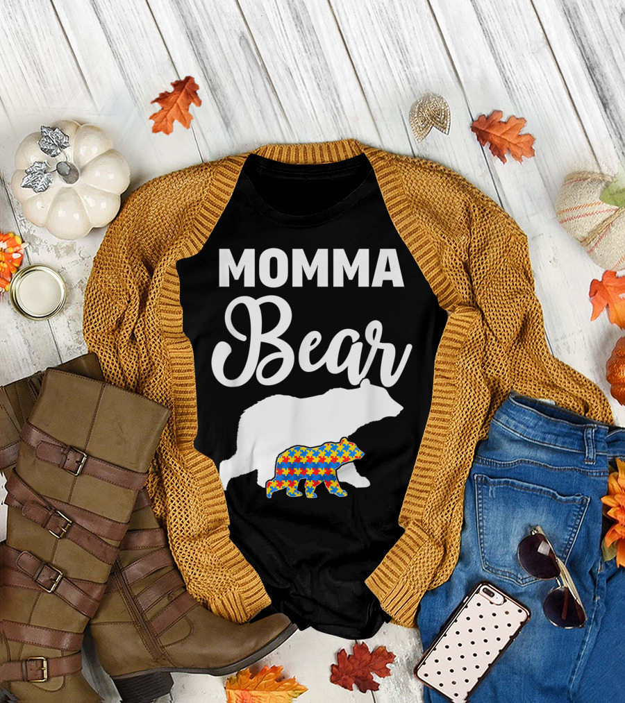 Momma Bear Autism Awareness Puzzle Pattern for Proud Supporters T-Shirt