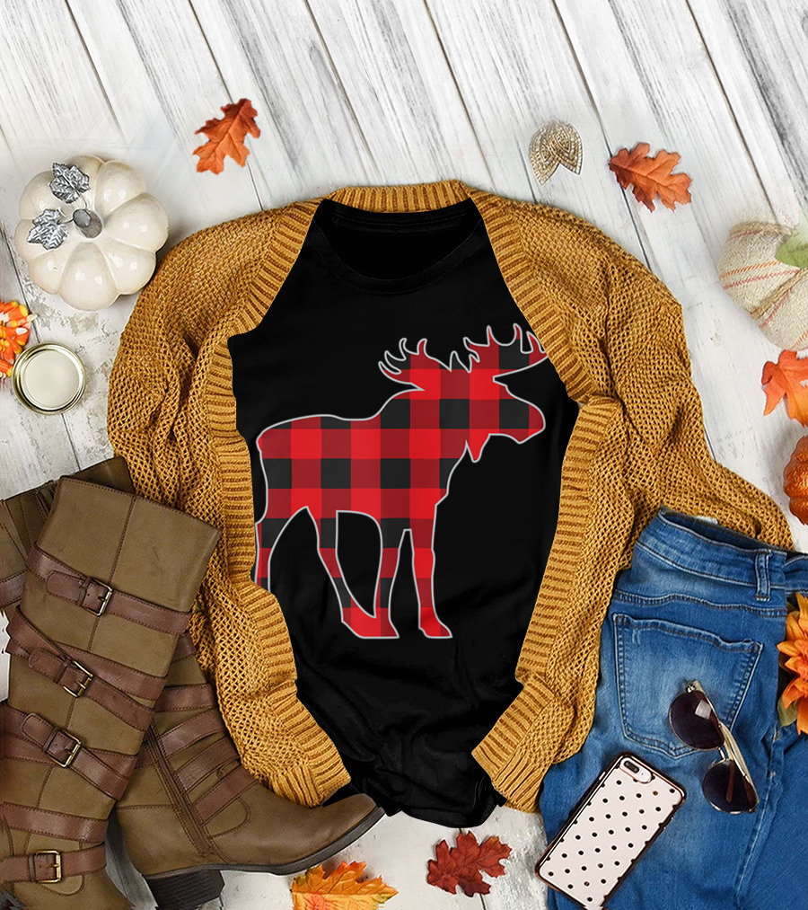 Moose Elk Buffalo Check Plaid Lumberjack Christmas T-Shirt