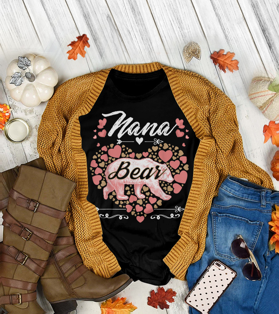 Nana Bear Heart Pattern Birthday T-Shirt