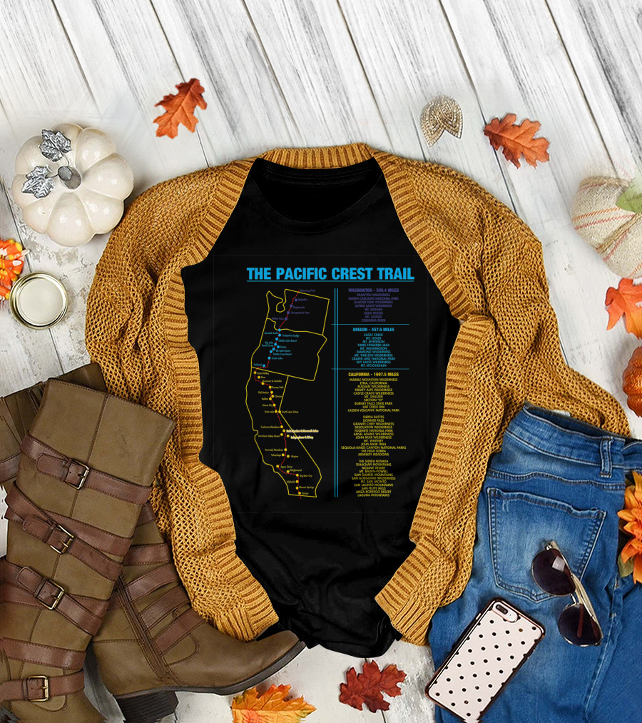 THE PACIFIC CREST TRAIL WASHINGTON OREGON CALIFORNIA TRIP HIKING GUIDE MAP MILE MARKERS T-Shirt