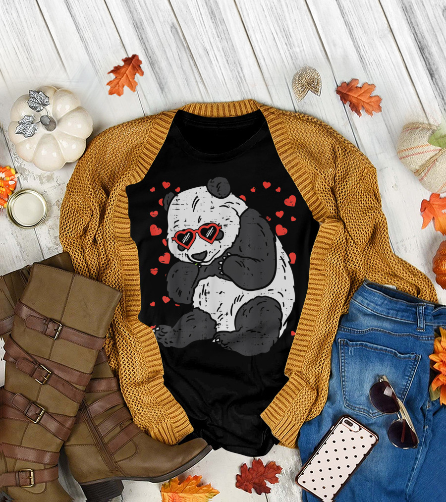 Panda Bear with Heart Glasses Surrounded by Red Hearts Valentine's Day Animal T-Shirt