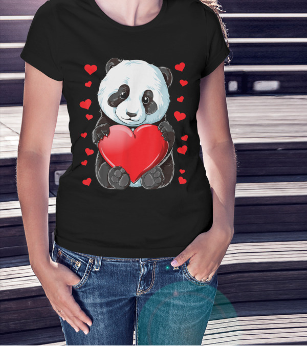 Panda Heart Valentines Day Girls Kids Women Bear Lover Cute Red Hearts T-Shirt