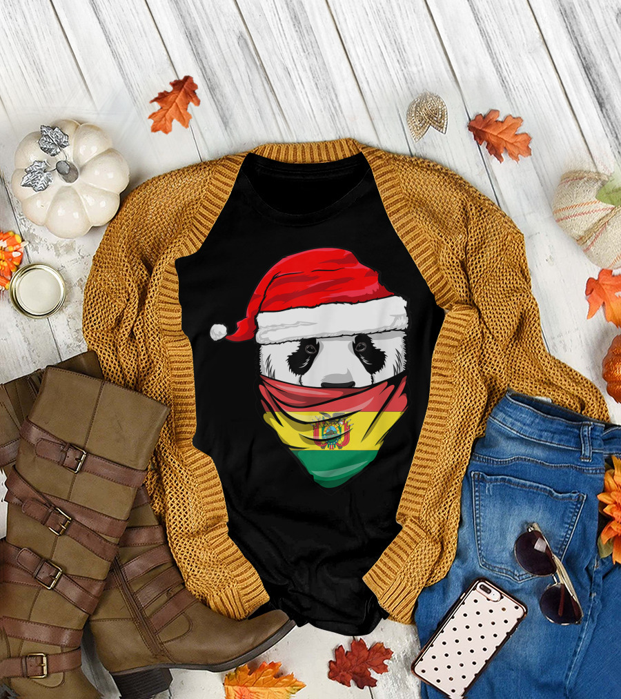 Panda Wearing Santa Hat and Bolivia Flag Bandana T-Shirt
