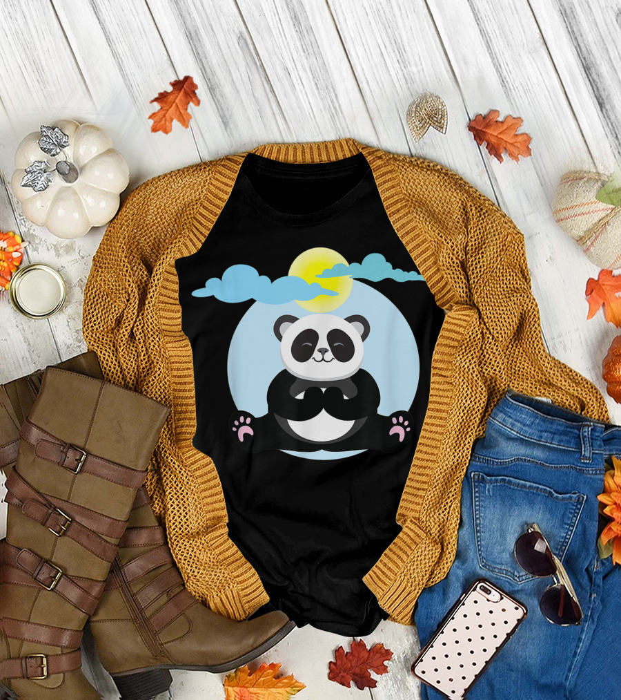 Panda Yoga Meditation Namaste Under Sun and Clouds T-Shirt