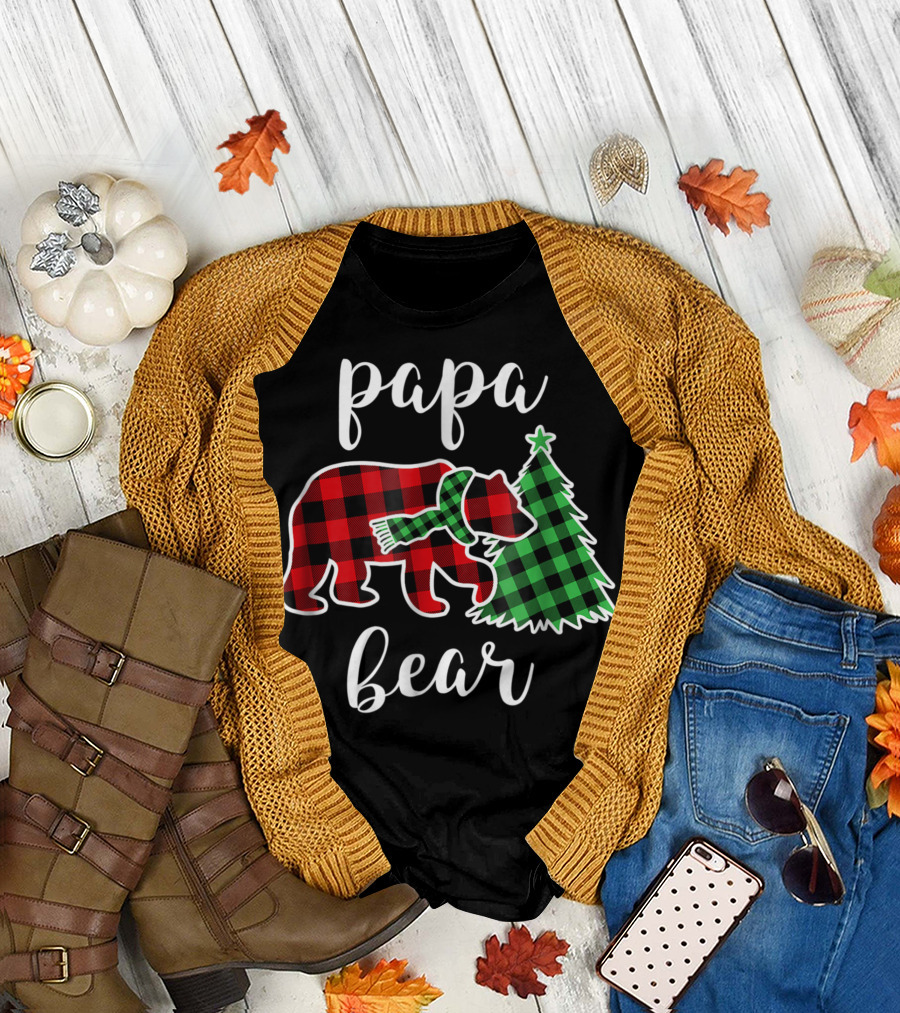 Papa Bear Red Plaid Buffalo Green Plaid Tree Family T-Shirt
