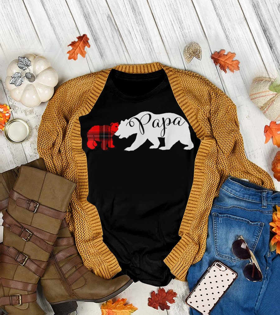Papa Bear Red Plaid Cub Grandpa T-Shirt