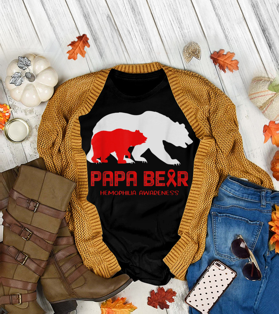 Papa Bear Hemophilia Awareness with Red Ribbon and Bear T-Shirt