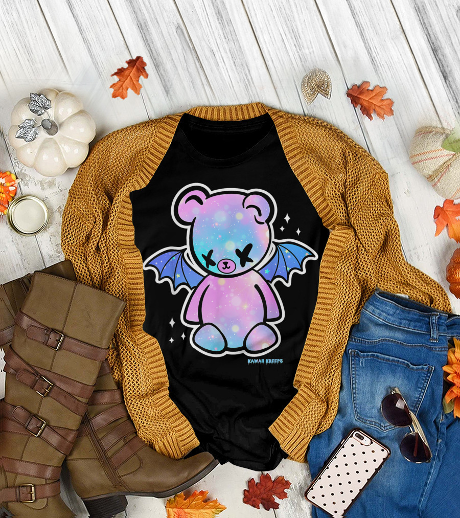 Kawaii Kreeps Pastel Goth Teddy Bear with Bat Wings and Galaxy Stars T-Shirt