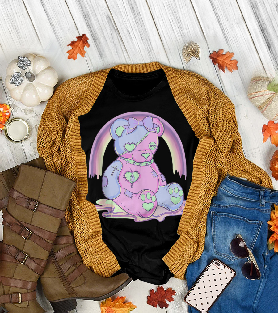Pastel Goth Teddy Bear Heart Cross Menhera Kawaii Japanese Anime Rainbow Bow 2A T-Shirt