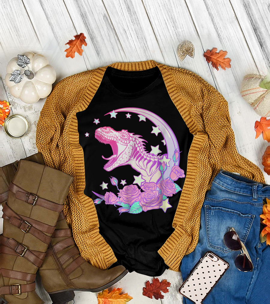 Pastel Goth T-Rex with Stars and Roses Vaporwave Aesthetic T-Shirt