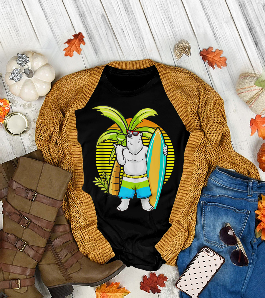 Polar Bear in Sunglasses with Surf Board and Swim Trunks by Palm Tree T-Shirt