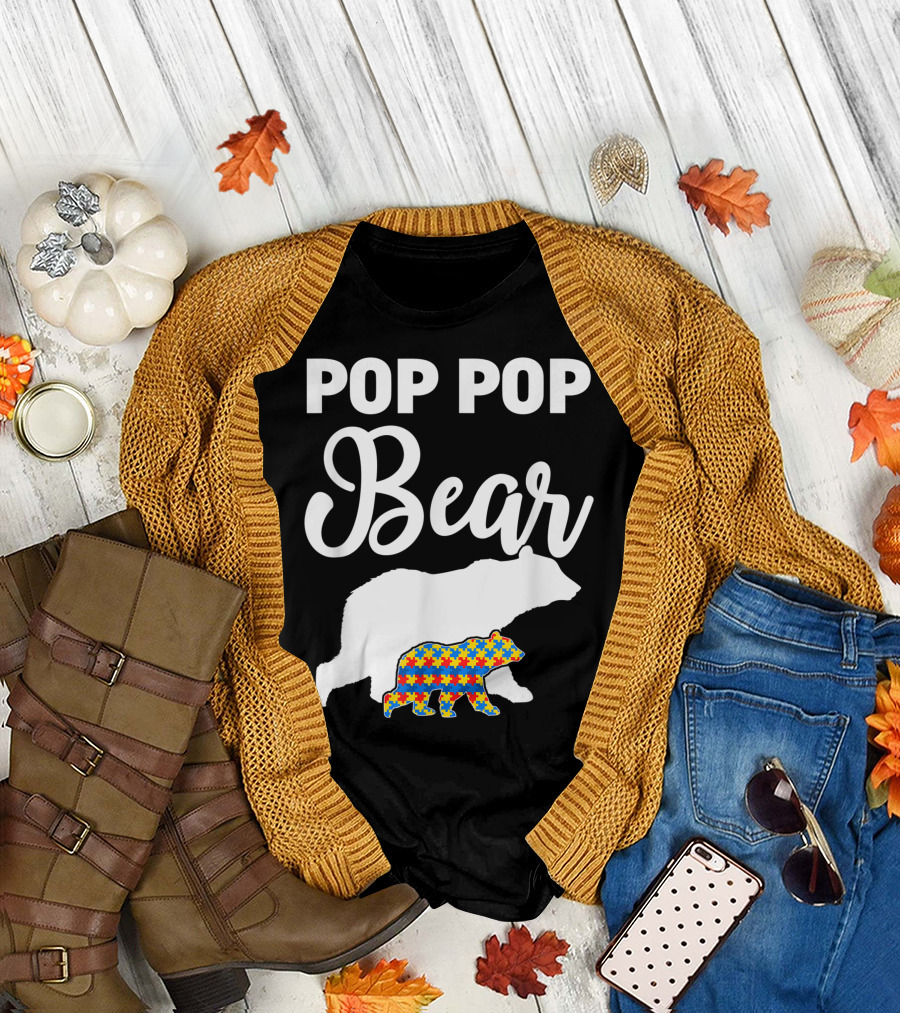 Pop Pop Bear Autism Awareness Proud Autism Granddad Bear Puzzle T-Shirt