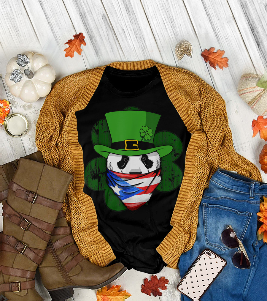 Puerto Rican Boricua Panda Shamrock Irish Bandana Flag T-Shirt