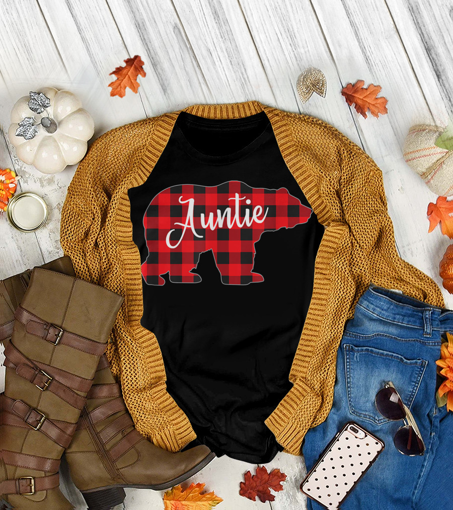 Auntie Bear Red Plaid Buffalo Check Family Matching T-Shirt