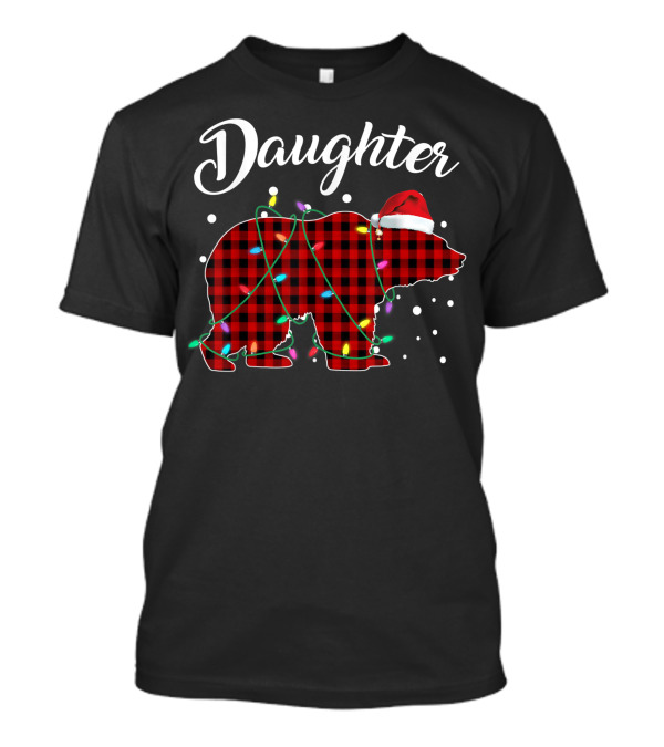 Daughter Red Plaid Bear Christmas Lights Santa Hat Buffalo Matching T-Shirt