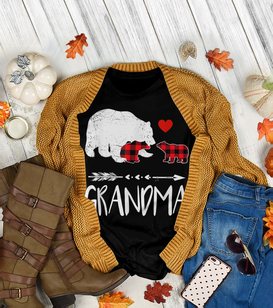 Grandma Bear Red Plaid Cubs Heart Arrow Buffalo Matching T-Shirt