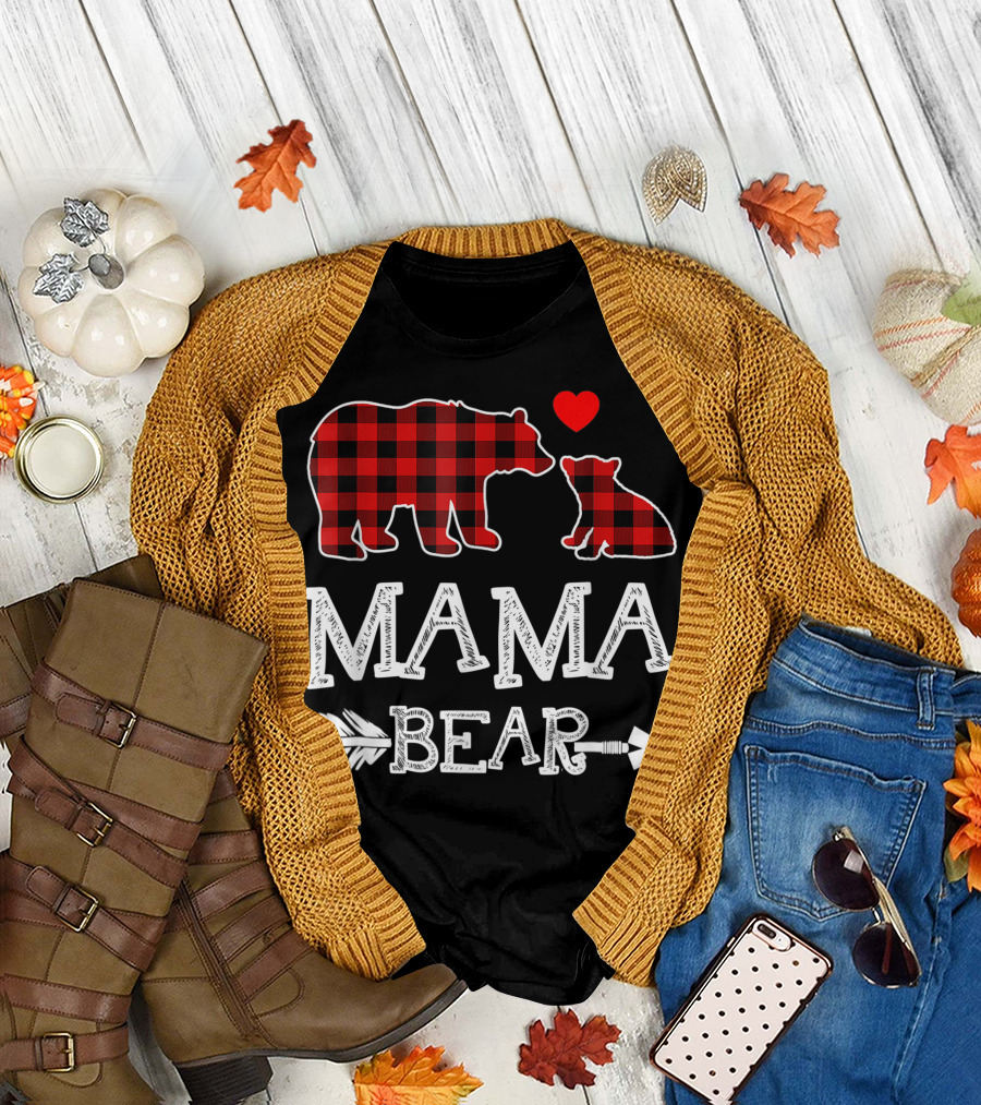 Mama Bear Red Plaid with Heart and Arrow Christmas T-Shirt