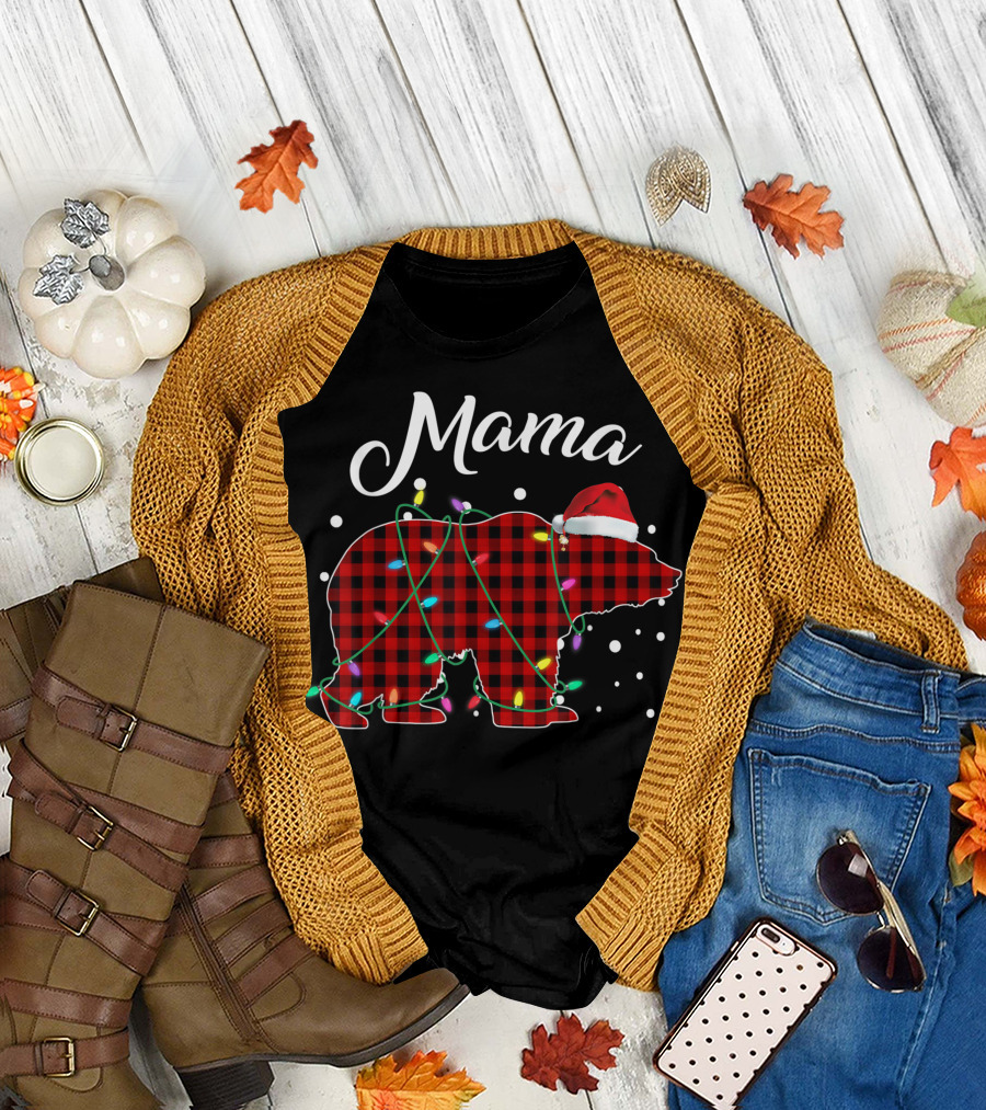 Mama Bear Buffalo Plaid Christmas Lights Santa Hat T-Shirt