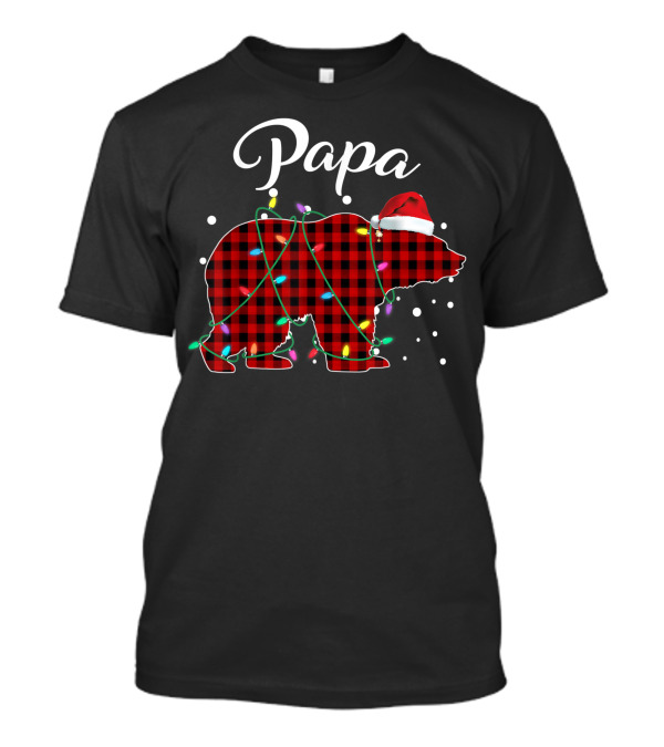 Papa Bear Red Plaid Buffalo Christmas Lights Santa Hat T-Shirt