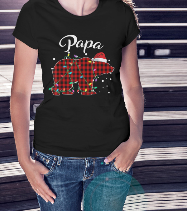 Papa Bear Red Plaid Buffalo Christmas Lights Santa Hat T-Shirt