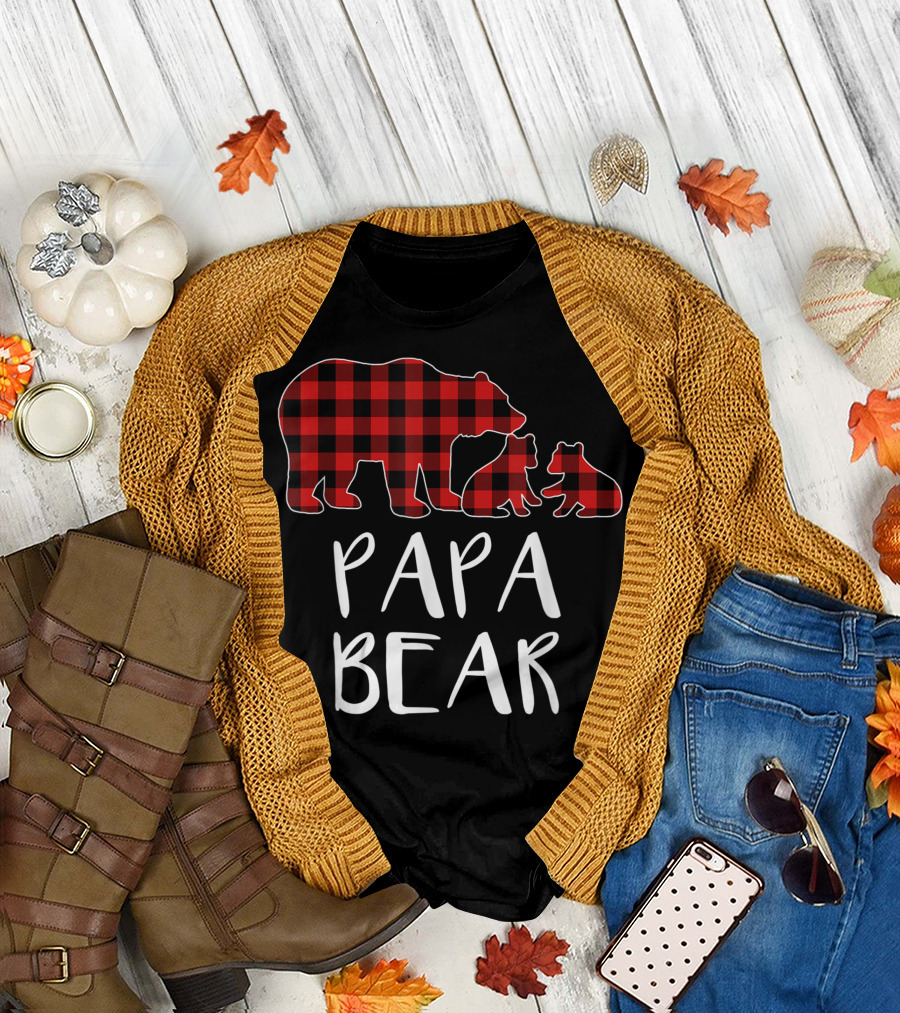 Papa Bear Red Plaid Buffalo Two Cubs Matching T-Shirt