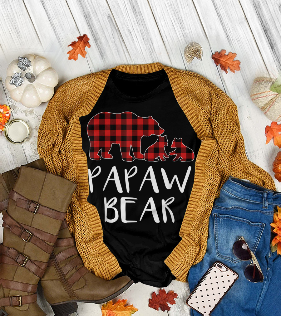 Red Plaid Papaw Bear with Two Cubs Matching Buffalo T-Shirt