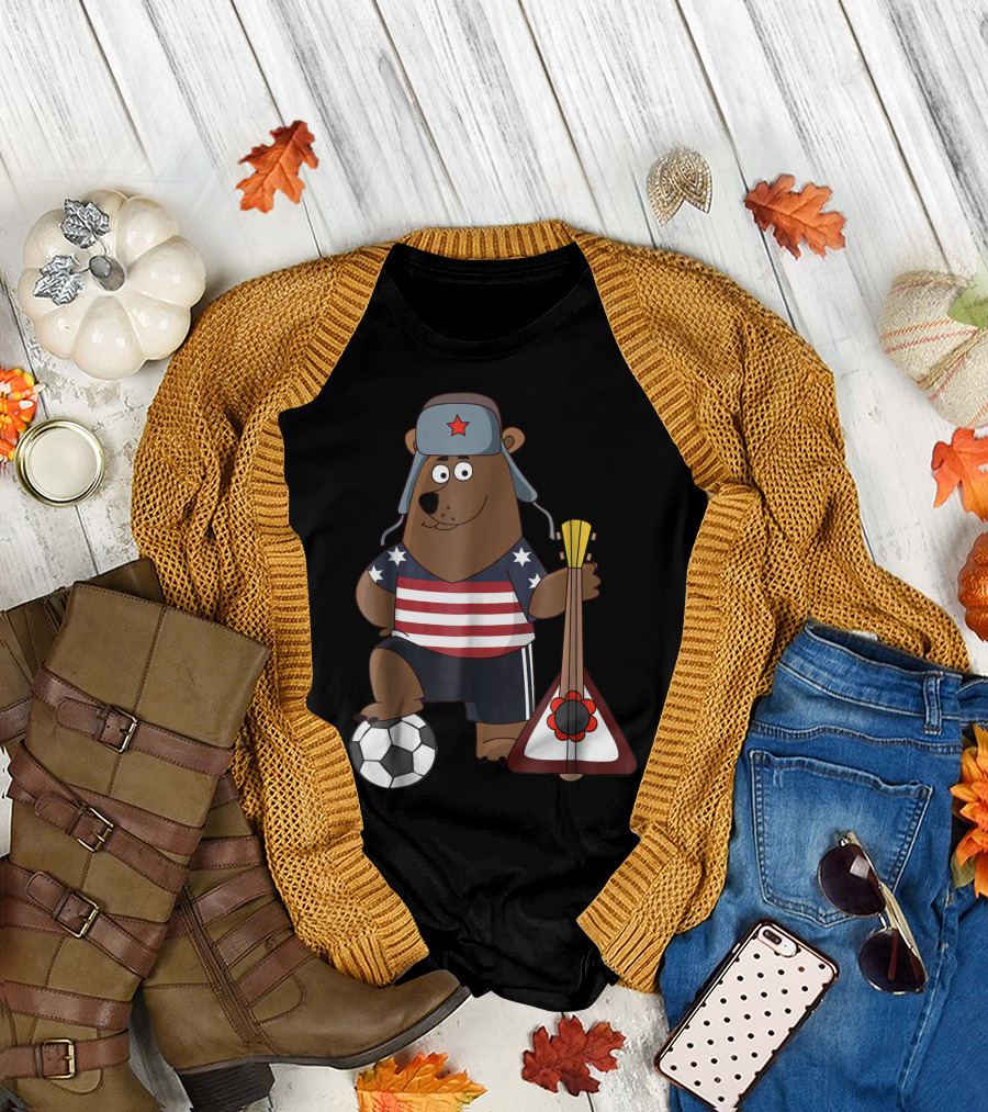 Russian Soccer Bear USA Football Fans Balalaika and Ushanka T-Shirt