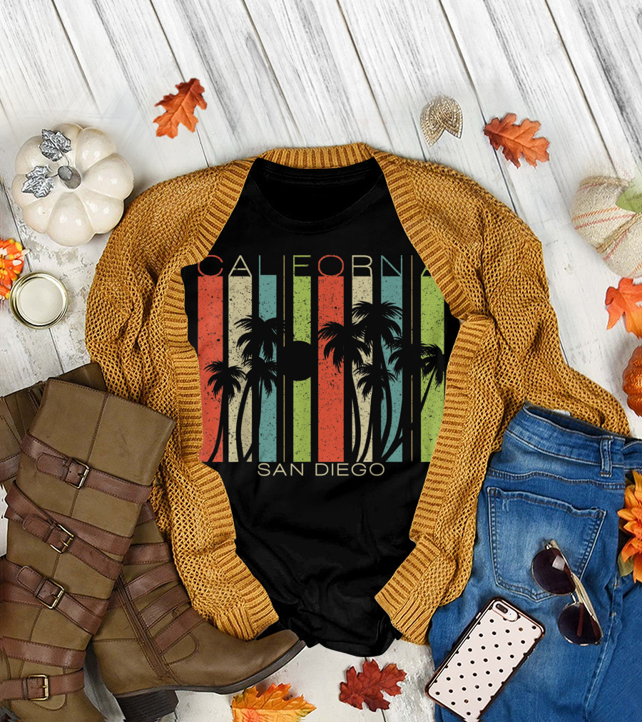 California San Diego Retro Palm Tree Stripes T-Shirt