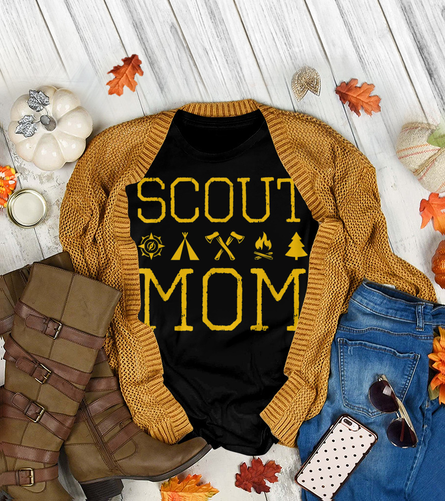 Scout Mom Campfire Axes Tent Pine Tree Badge Adventure T-Shirt