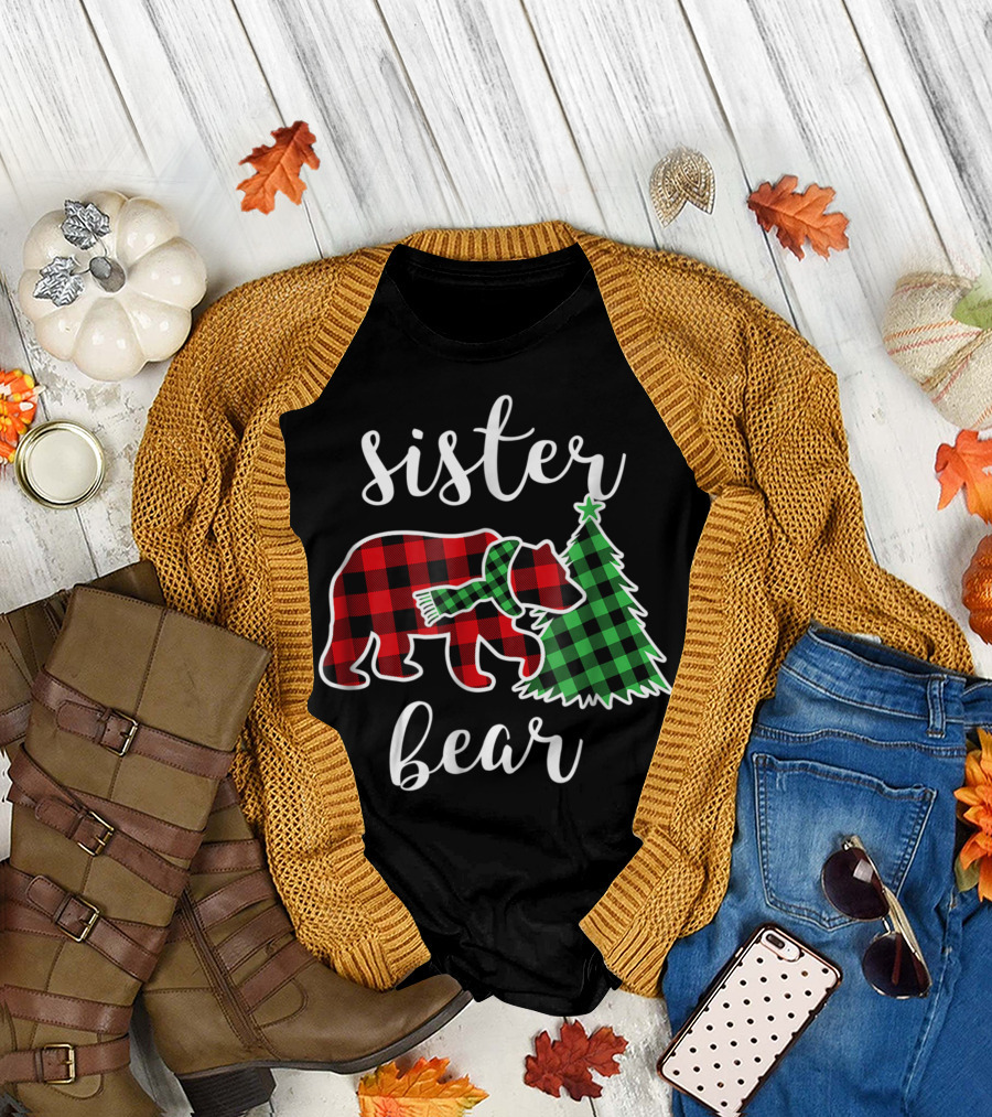 Sister Bear Red Plaid Buffalo Family Christmas Tree T-Shirt