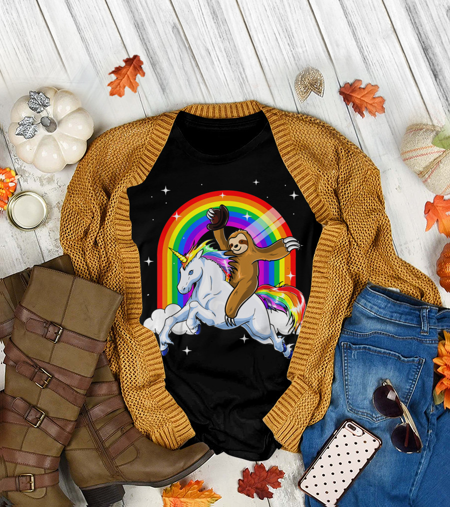 Slothicorn Riding Unicorn Rainbow Fantasy T-Shirt